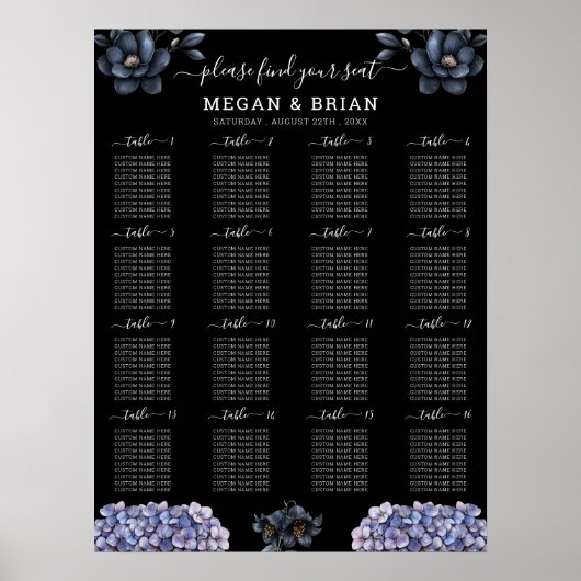 Moody Black Floral Classic Wedding Seating Chart Poster (Vorne)