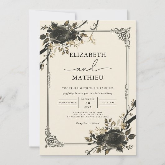 Moody Black Floral Gothic Botanical Wedding Einladung (Vorderseite)