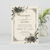 Moody Black Floral Gothic Botanical Wedding Einladung (Stehend Vorderseite)