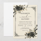 Moody Black Floral Gothic Botanical Wedding Einladung (Vorne/Hinten)