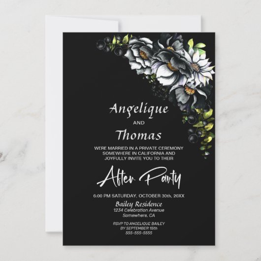 Moody Black Floral Hochzeitsempfang Einladung (Vorderseite)