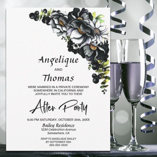 Moody Black Floral Hochzeitsempfang Einladung