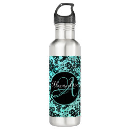 Moody Black Floral on Turquoise Monogram Edelstahlflasche