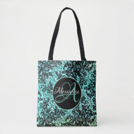 Moody Black Floral on Turquoise Monogram Tasche