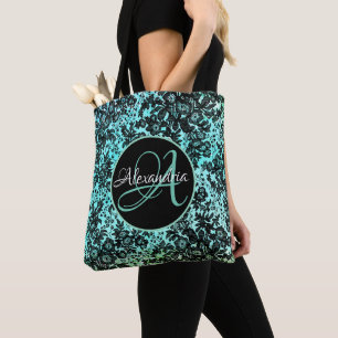 Moody Black Floral on Turquoise Monogram Tasche