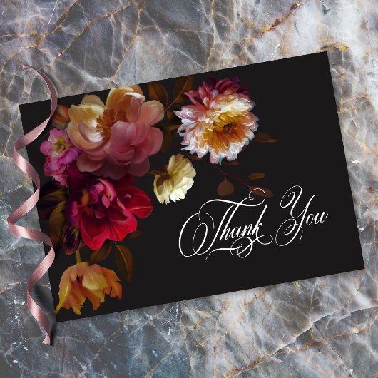 Moody Black Floral Painterly Red Burgundy Wedding Dankeskarte