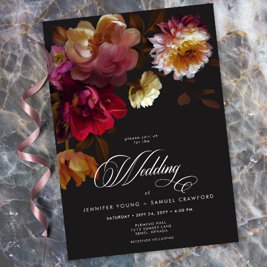 Moody Black Floral Painterly Red Burgundy Wedding Einladung