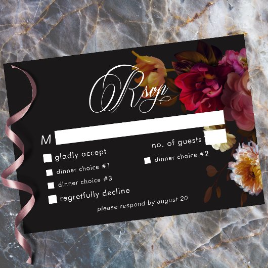 Moody Black Floral Painterly Red Burgundy Wedding RSVP Karte