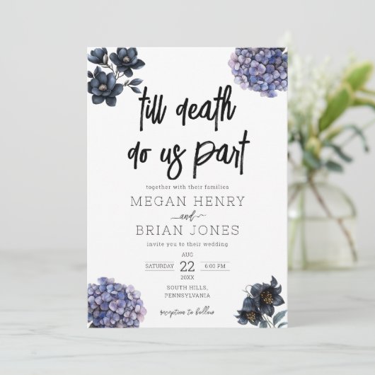Moody Black Floral Till Death Do Us Part Wedding Einladung (Stehend Vorderseite)