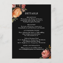 Moody Black Floral Wedding Details Eintrittskarte
