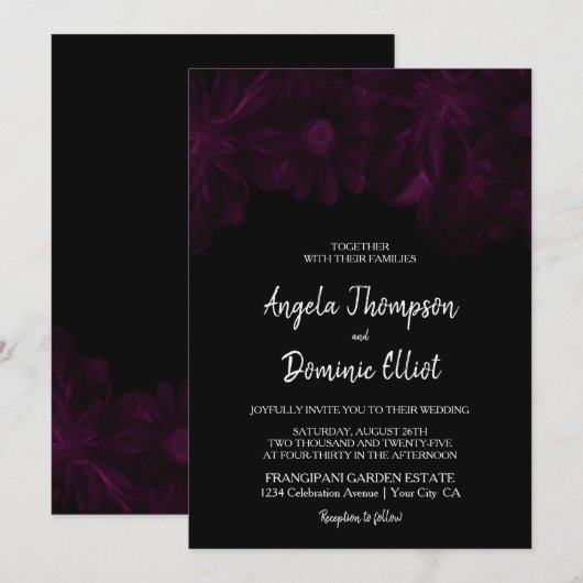 Moody Black Floral Wedding Einladung (Vorne/Hinten)