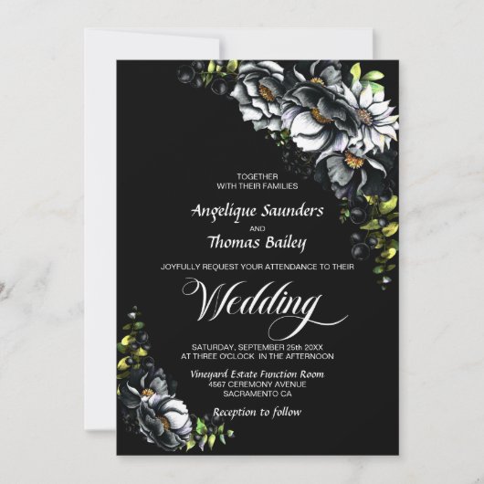 Moody Black Floral Wedding Einladung (Vorderseite)