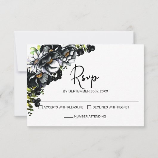 Moody Black Floral Wedding RSVP Karte (Vorderseite)
