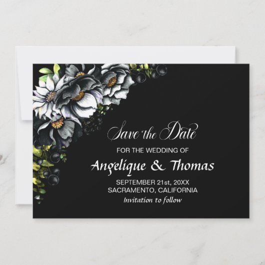 Moody Black Floral Wedding Save The Date (Vorderseite)
