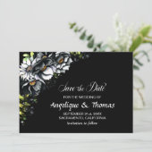 Moody Black Floral Wedding Save The Date (Stehend Vorderseite)