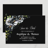 Moody Black Floral Wedding Save The Date (Vorne/Hinten)
