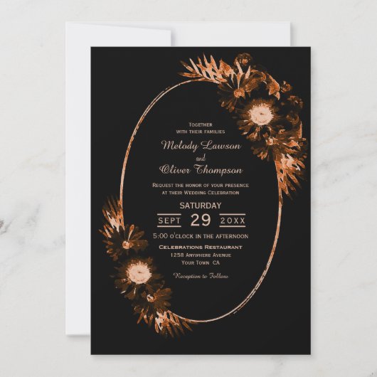 Moody Black mit Burnt Orange Floral Wedding Einladung (Vorderseite)