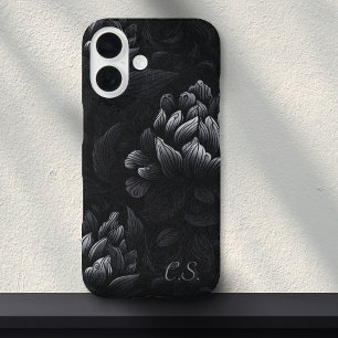 Moody Black Peony Monogram Girly Goth Floral iPhone 16 Hülle