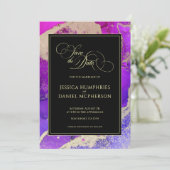 Moody Black Pink Gold Lila Abstrakte Hochzeit Save The Date (Stehend Vorderseite)