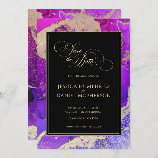 Moody Black Pink Gold Lila Abstrakte Hochzeit Save The Date (Vorne/Hinten)