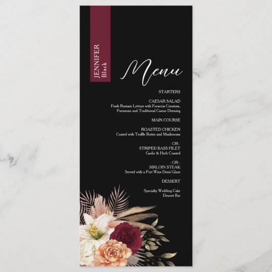 Moody Black Wedding Menu mit Gast Name Menükarte (Vorderseite)