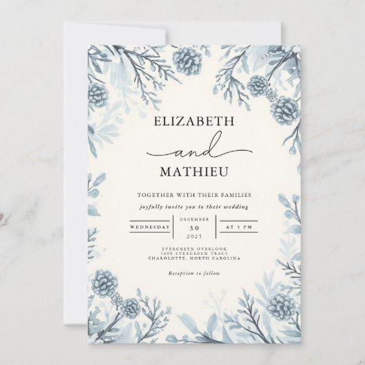Moody Blue Botanical Blüh Wedding Einladung (Vorderseite)