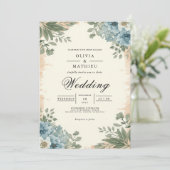 Moody Blue Botanical Romance Wedding Einladung (Stehend Vorderseite)