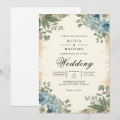 Moody Blue Botanical Romance Wedding Einladung (Vorne/Hinten)