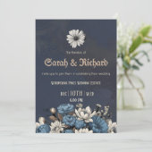 Moody Blue Floral Custom Foto Wedding Einladung (Stehend Vorderseite)