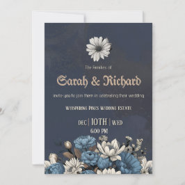 Moody Blue Floral Custom Foto Wedding Einladung