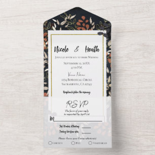 Moody Blue Gold Bold Botanische Blätter Hochzeit All In One Einladung