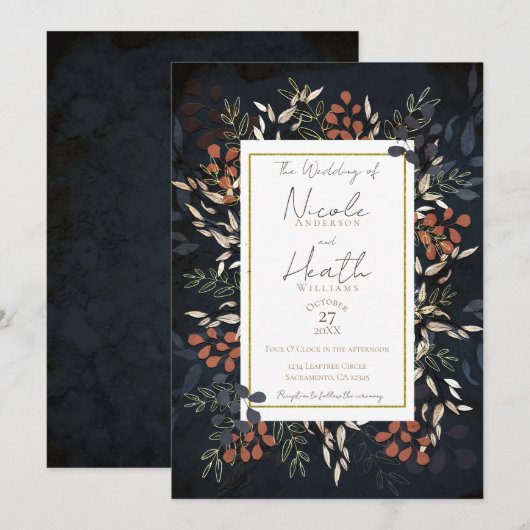 Moody Blue Gold Bold Botanische Blätter Hochzeit Einladung (Vorne/Hinten)