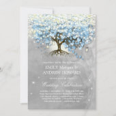 Moody Blue Gray Silver Heart Leaf Tree Wedding Einladung (Vorderseite)