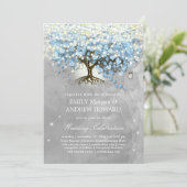 Moody Blue Gray Silver Heart Leaf Tree Wedding Einladung (Stehend Vorderseite)