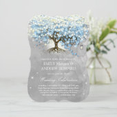 Moody Blue Gray Silver Heart Leaf Tree Wedding Einladung (Stehend Vorderseite)