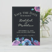 Moody Blue Lila Twilight Floral Save the Date (Stehend Vorderseite)