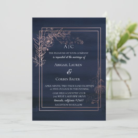 Moody Blue Rose Gold Wedding Einladung (Stehend Vorderseite)
