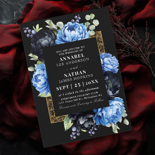 Moody Blue und Black Elegante Blumenhochzeit Einladung