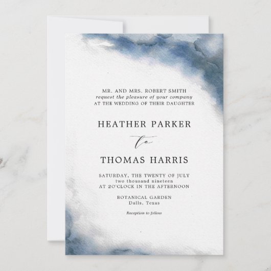 Moody Blue Watercolor Classic Elegante Wedding Einladung (Vorderseite)