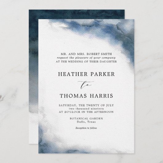 Moody Blue Watercolor Classic Elegante Wedding Einladung (Vorne/Hinten)