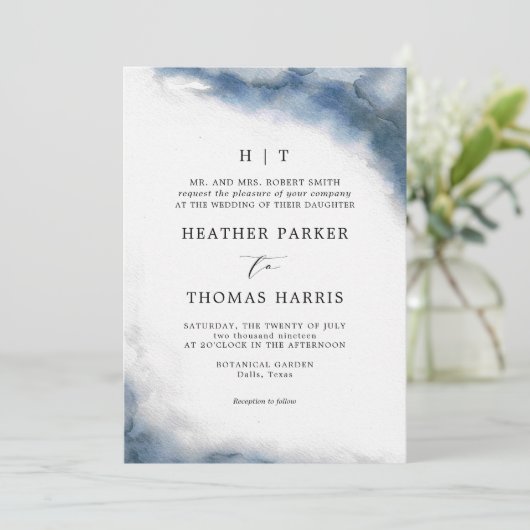 Moody Blue Watercolor Classic Elegante Wedding Einladung (Stehend Vorderseite)
