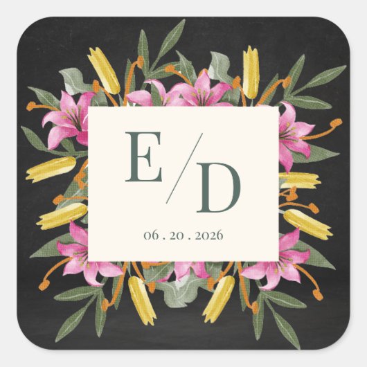 Moody Blush Lily Black Floral Monogram Wedding Quadratischer Aufkleber (Vorderseite)