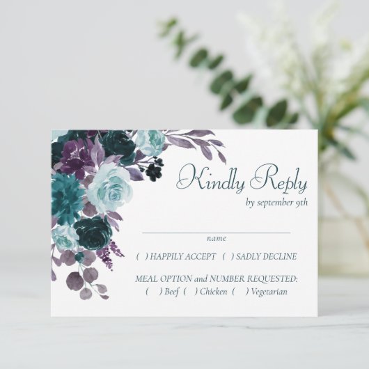 Moody Boho | Aquamarin Türkis Dunkler Blumenstrauß RSVP Karte (Stehend Vorderseite)