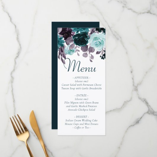 Moody Boho | Aquamarin und türkisfarben Menükarte (Vorderseite/Rückseite Beispiel)