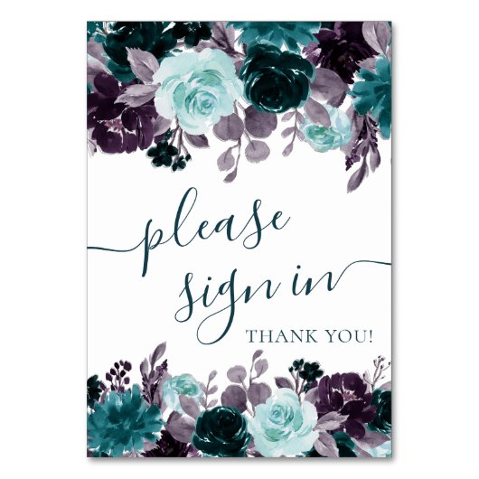 Moody Boho | Aquamarine und Lila Blumen Bitte anme Tischnummer (Vorderseite)