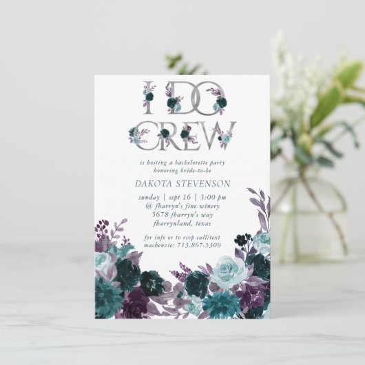 Moody Boho | Aquamarines floral I Crew Brautparty Einladung (Stehend Vorderseite)