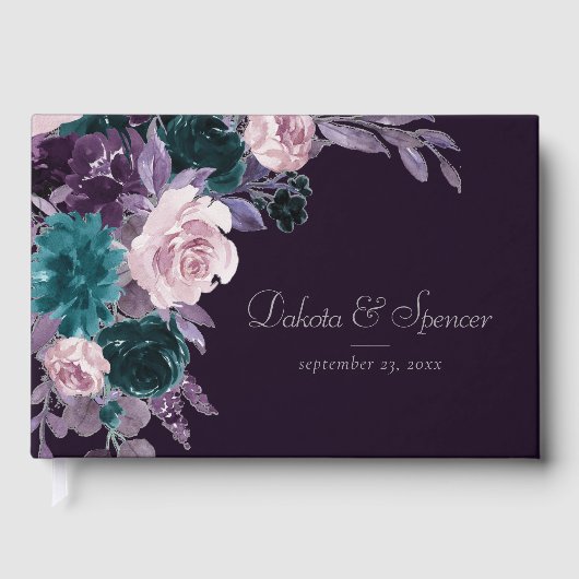 Moody Boho | Dark Eggplant Lila und Aquamarin Bouq Gästebuch (Vorderseite)