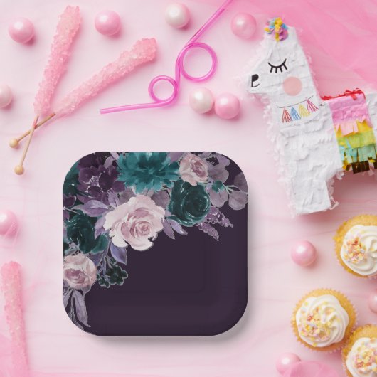 Moody Boho | Dark Eggplant Lila und Aquamarin Bouq Pappteller (Party)