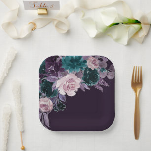 Moody Boho Dark Eggplant Lila und Aquamarin Bouq Pappteller