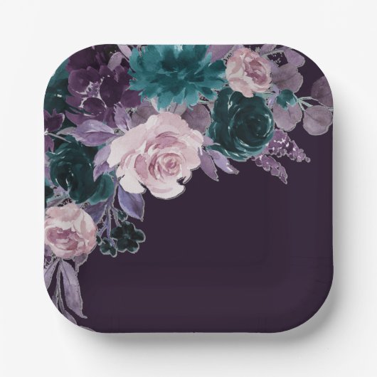 Moody Boho | Dark Eggplant Lila und Aquamarin Bouq Pappteller (Vorderseite)